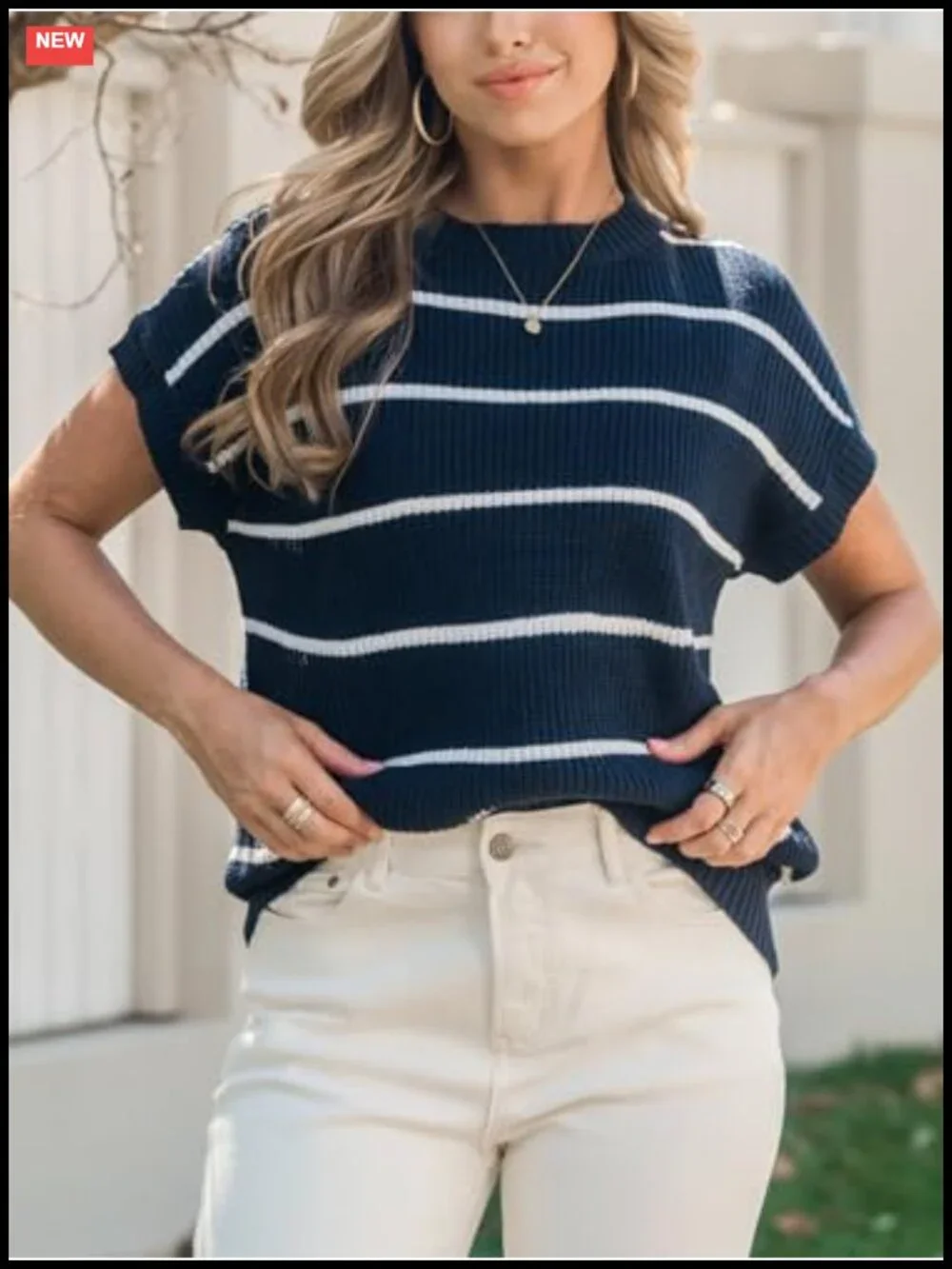 Womens Striped Short Sleeve Knit Sweater Casual Crew Neck Cap Sleeve Pullover